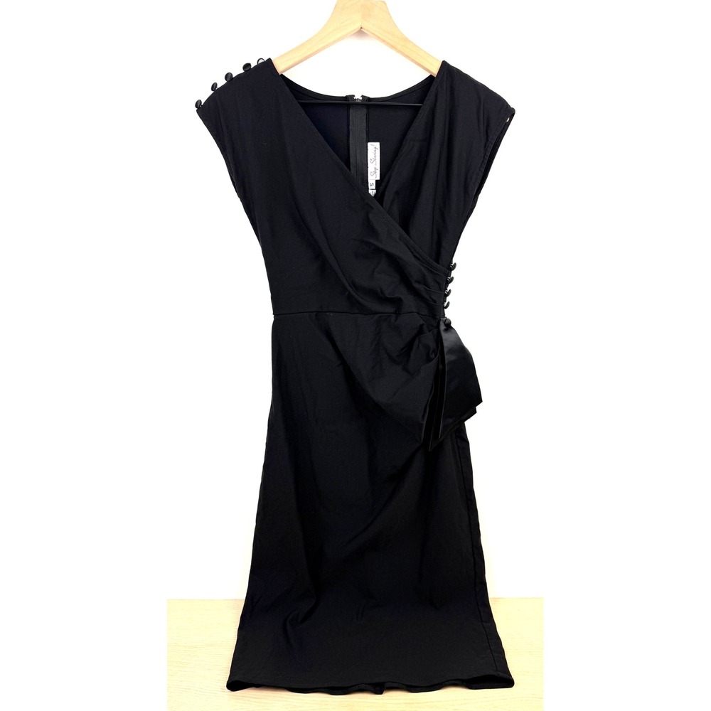 Stop Staring Vintage Black Cap Sleeve Wrap Dress Satin Bow ‎ S